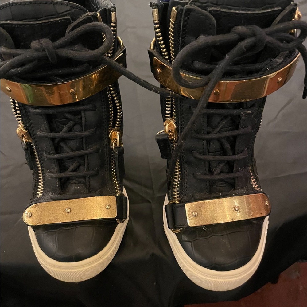 Giuseppe Zanotti Black and Gold Ankle Booties with Metallic Accents
